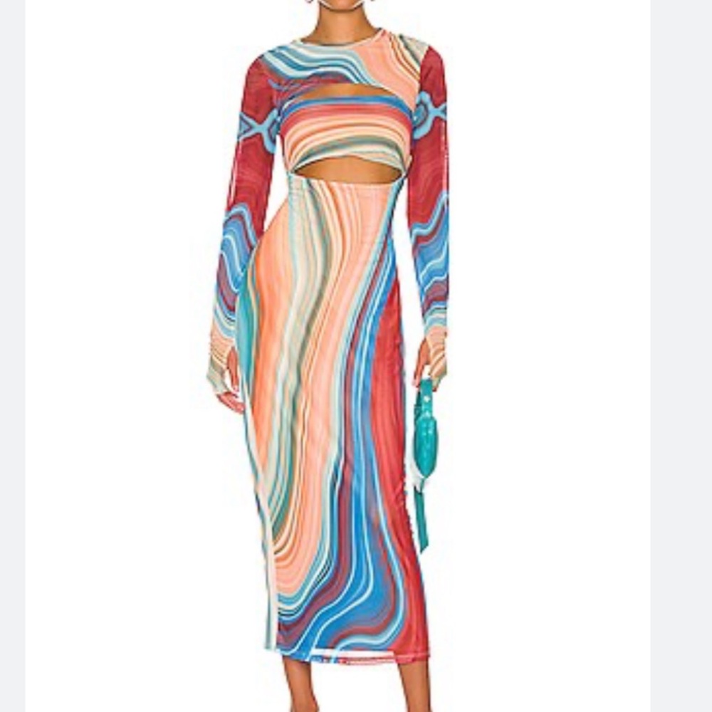 AFRM Revolve Matera Swirl-Striped Maxi Dress in Blue Abstract NWT Small - Picture 2 of 12